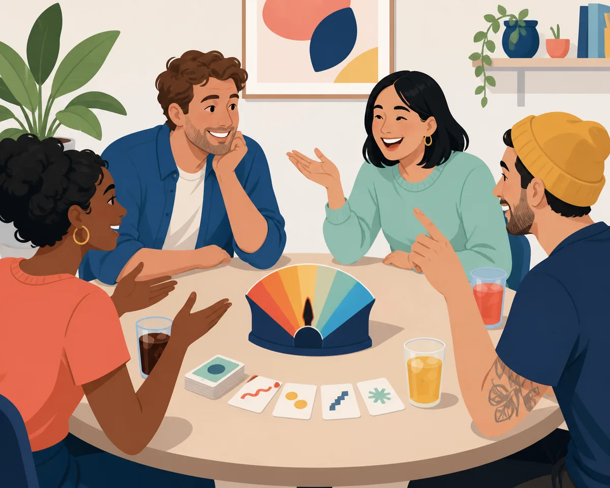 Adult friends discussing a clue around a colorful Wavelength spectrum dial
