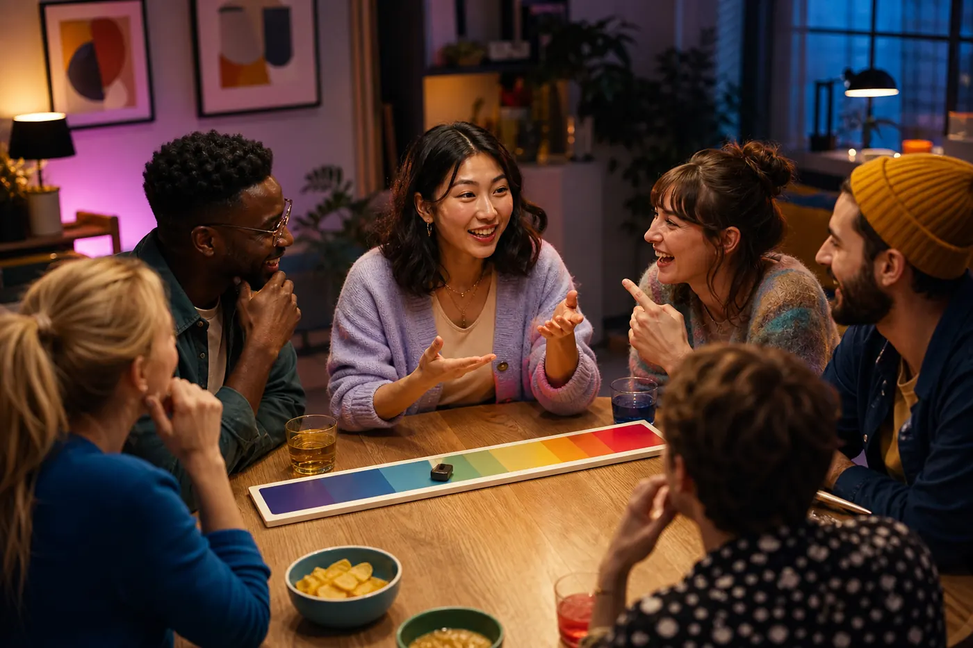 Players debating a clue across a colorful spectrum