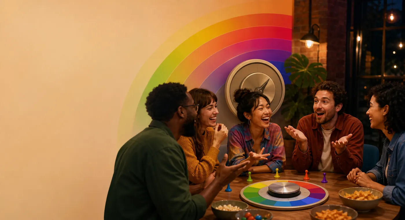 Friends laughing around a colorful spectrum party game