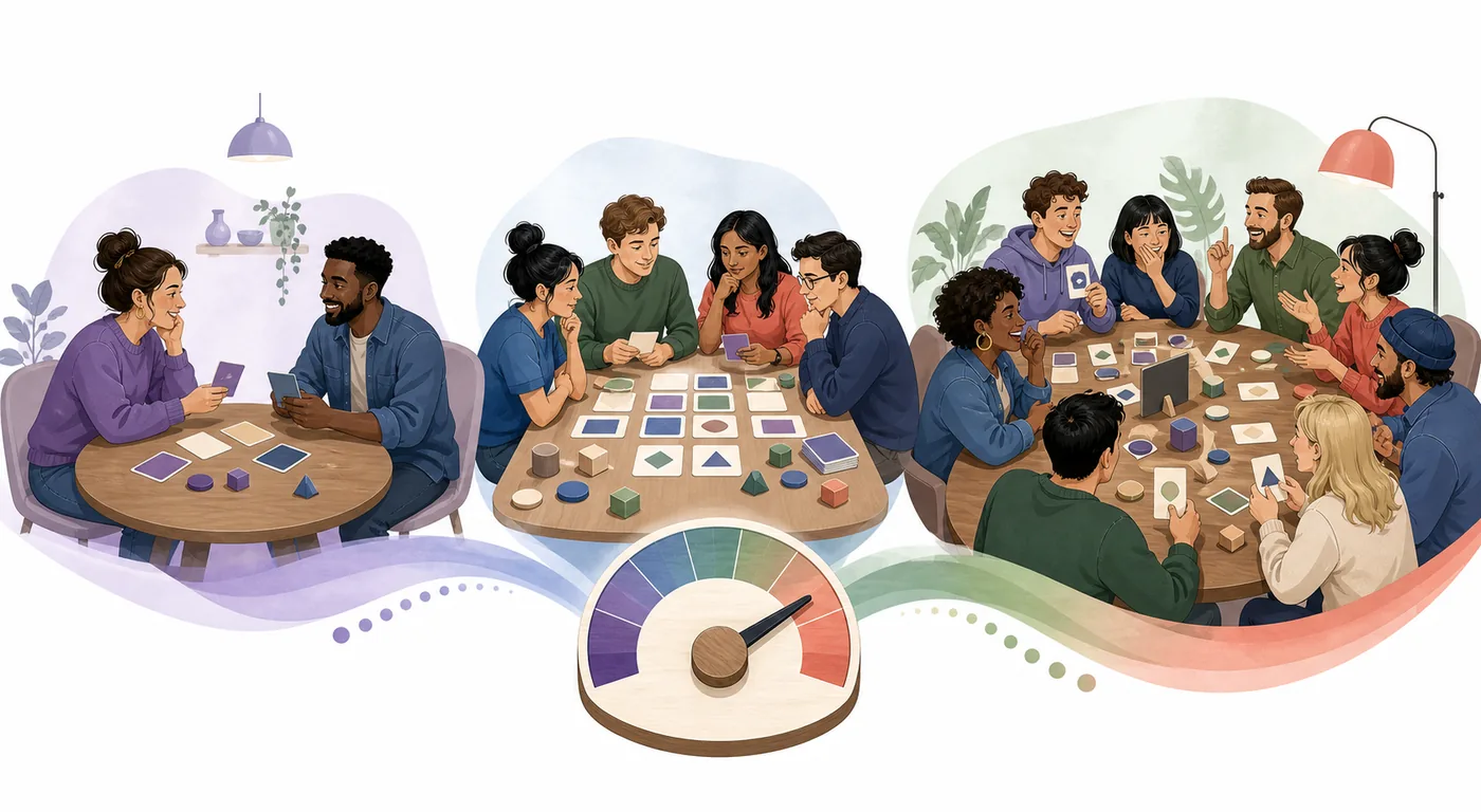 Editorial illustration comparing party games for two players, four players, and a larger group