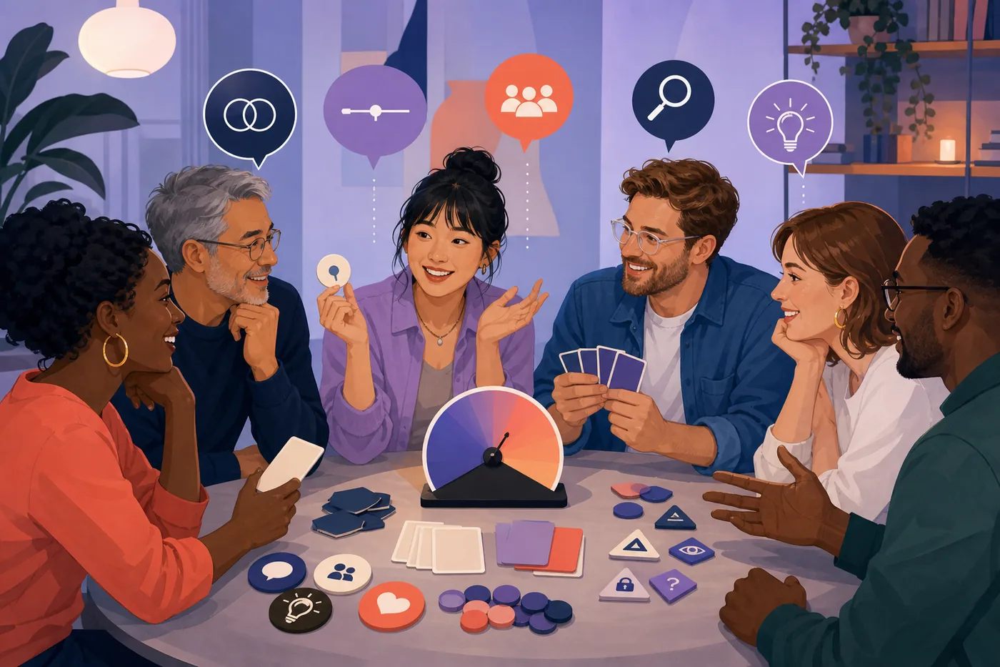 Editorial illustration of friends comparing several conversation and clue-giving party games