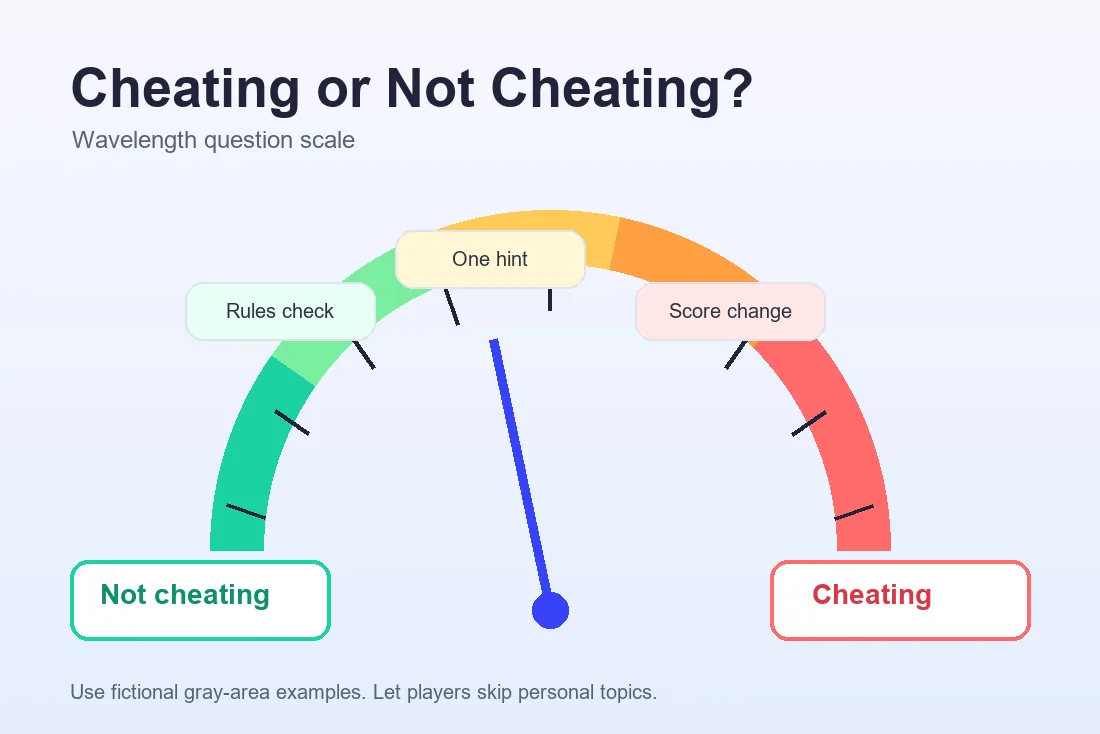 Wavelength dial showing cheating or not cheating question examples on a gray-area spectrum