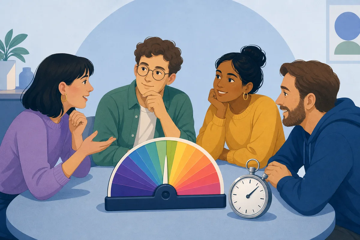 Editorial illustration of Wavelength players discussing a clue beside a spectrum dial and stopwatch