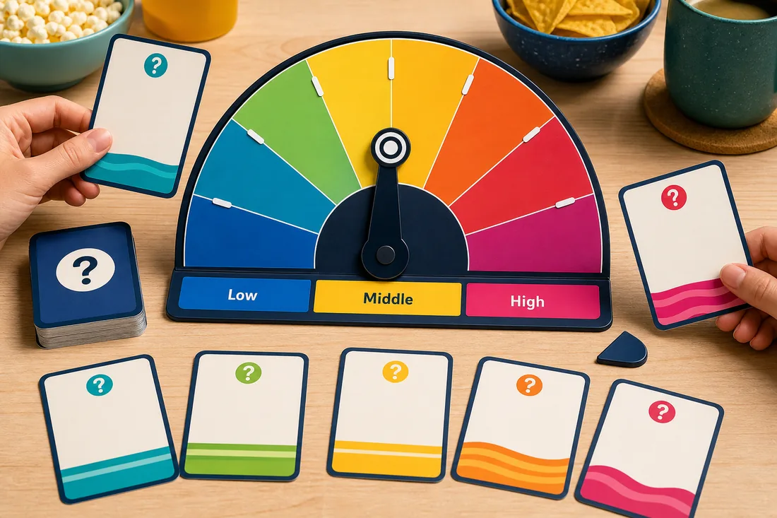 Editorial illustration of Wavelength game questions around a colorful spectrum dial