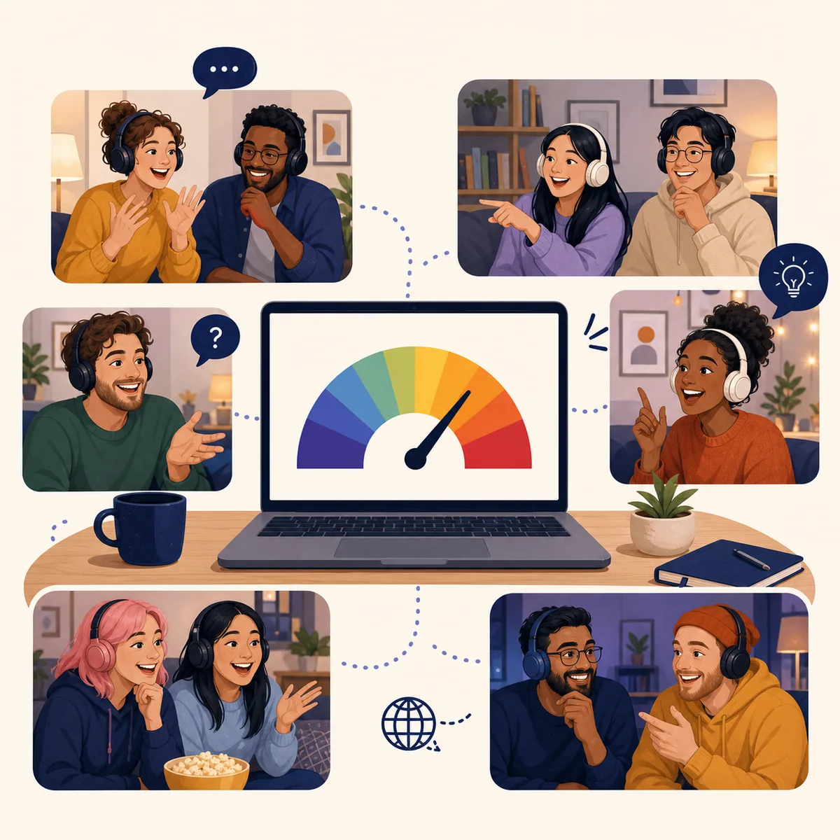 Friends on separate video calls discussing a colorful Wavelength spectrum on a shared laptop