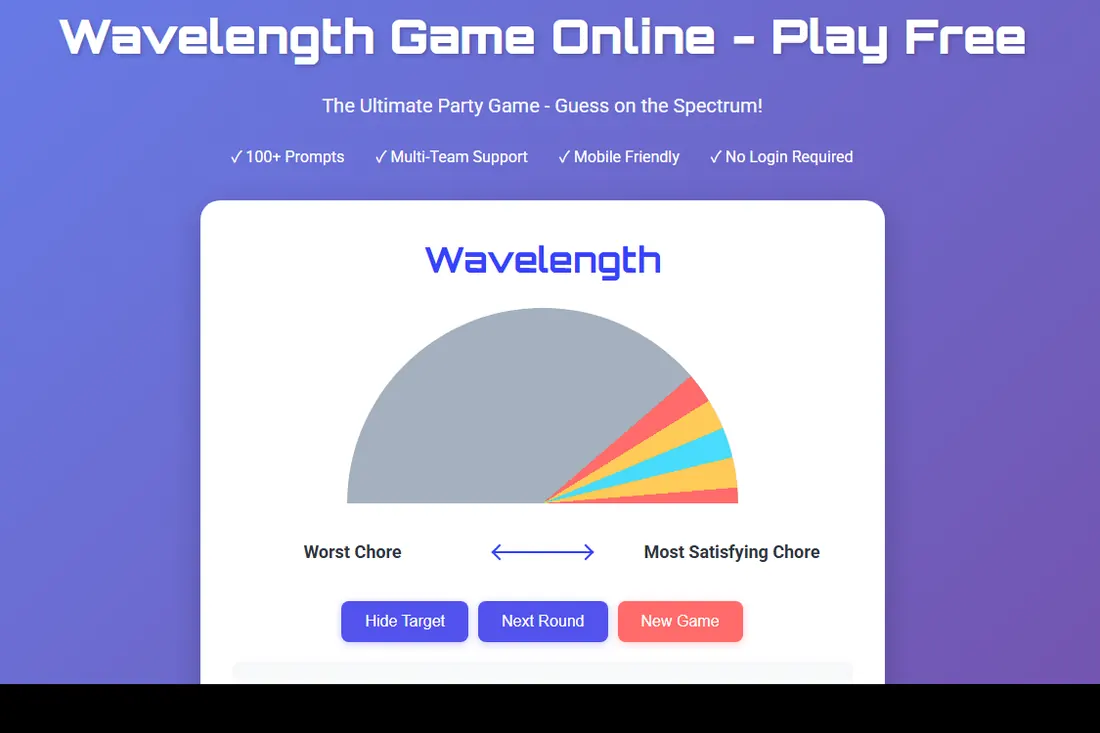Wavelength online game board prepared for a hosted public game with strangers