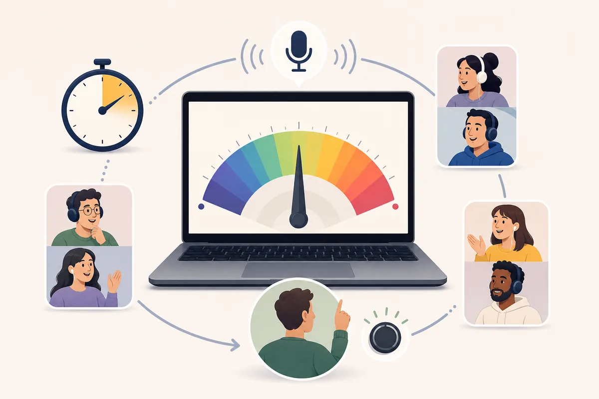 Editorial graphic showing an online Wavelength host managing a remote group with a timer and shared spectrum board
