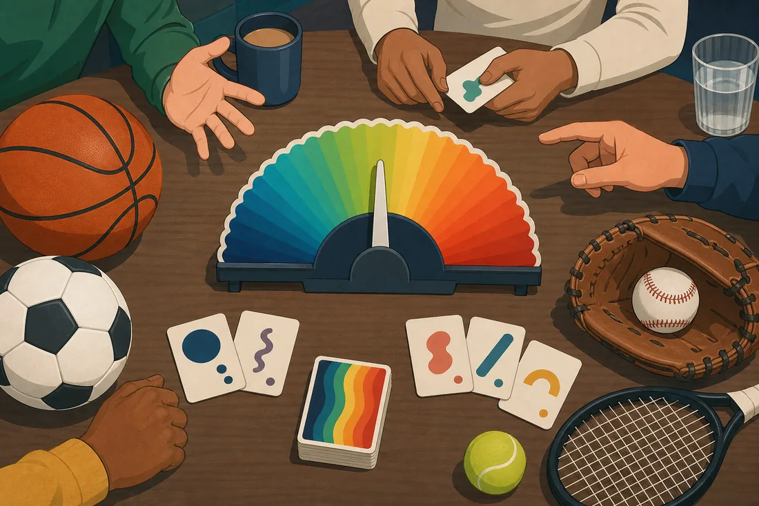 Editorial illustration of sports equipment and a Wavelength spectrum dial for game day prompts